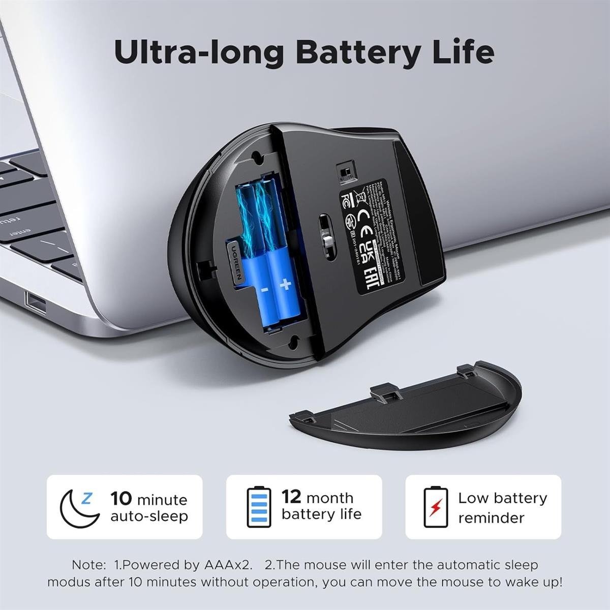 UGREEN Ergonomic Contoured-Shape Design Wireless Mouse 2.4 GHz（AAA alkaline battery not included)