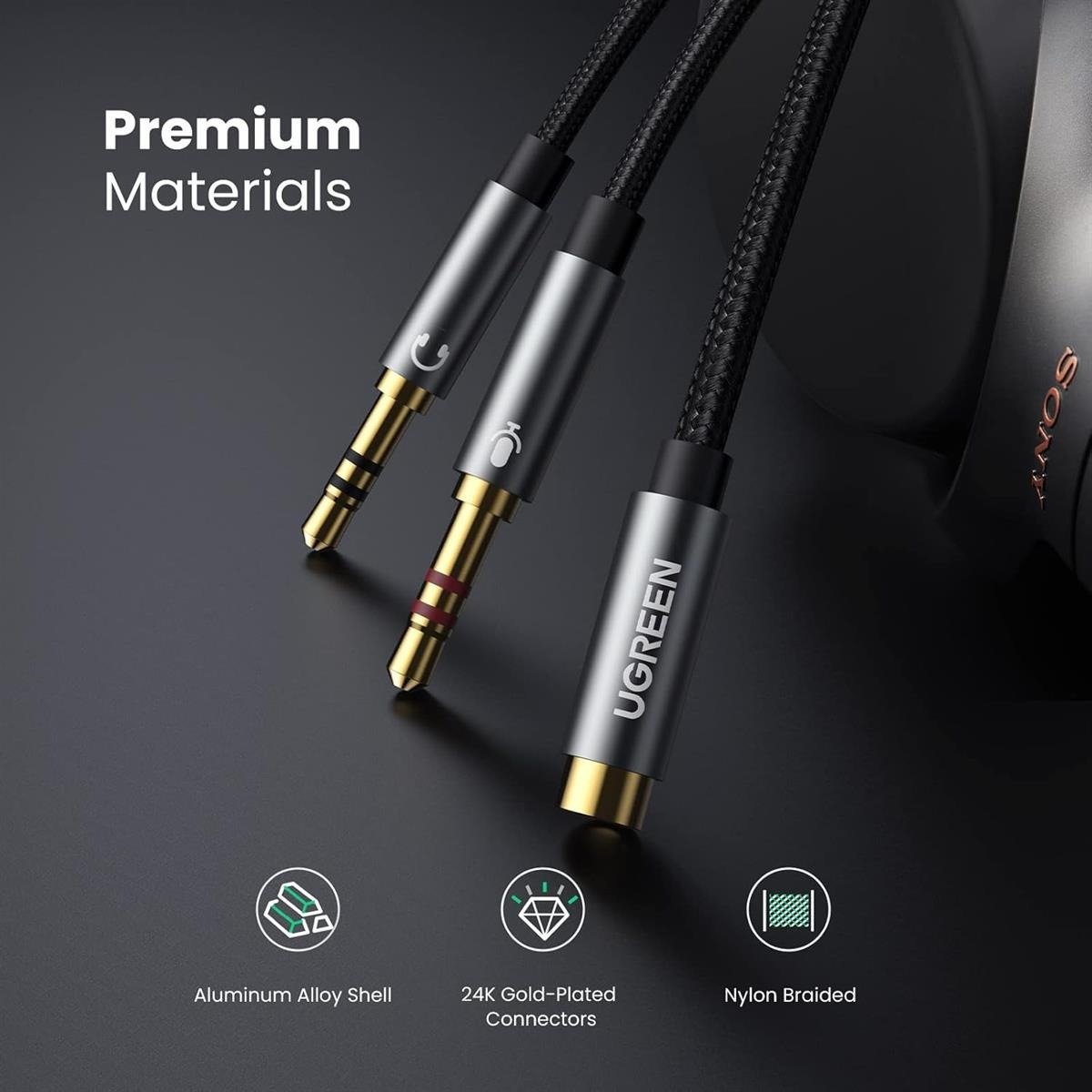 UGREEN 3.5mm Female to 2 Male Headset Y-Splitter Cable (Aluminum Case - Black)