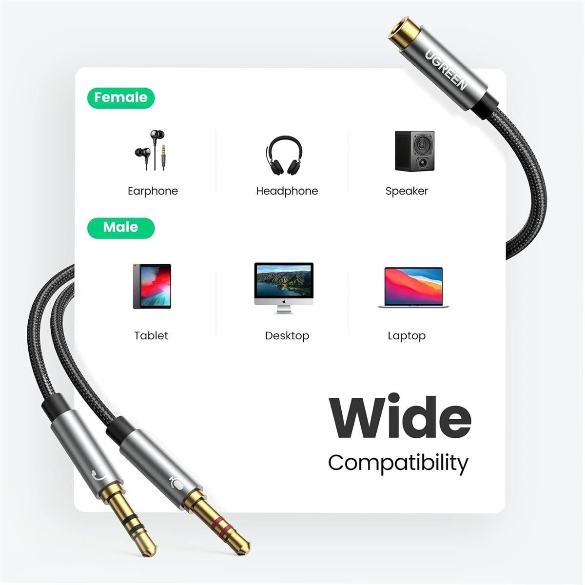 UGREEN 3.5mm Female to 2 Male Headset Y-Splitter Cable (Aluminum Case - Black)
