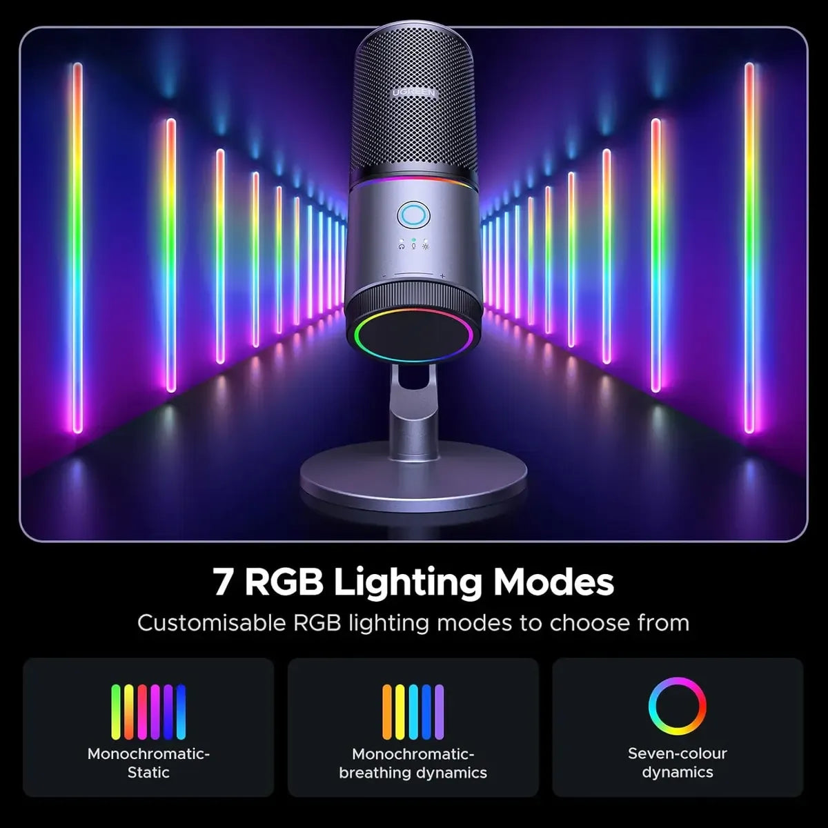 UGREEN Microphone for PC, USB Mic with RGB Lights, Mute Button, 24bit/96kHz, Cardioid Polar Pattern, Volume Control, Condenser Microphone for Streaming, Gaming, Podcasting, Recording, Laptop,