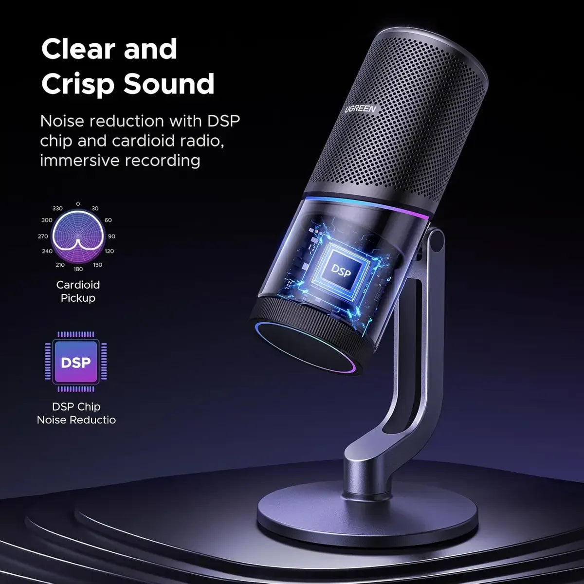 UGREEN Microphone for PC, USB Mic with RGB Lights, Mute Button, 24bit/96kHz, Cardioid Polar Pattern, Volume Control, Condenser Microphone for Streaming, Gaming, Podcasting, Recording, Laptop,