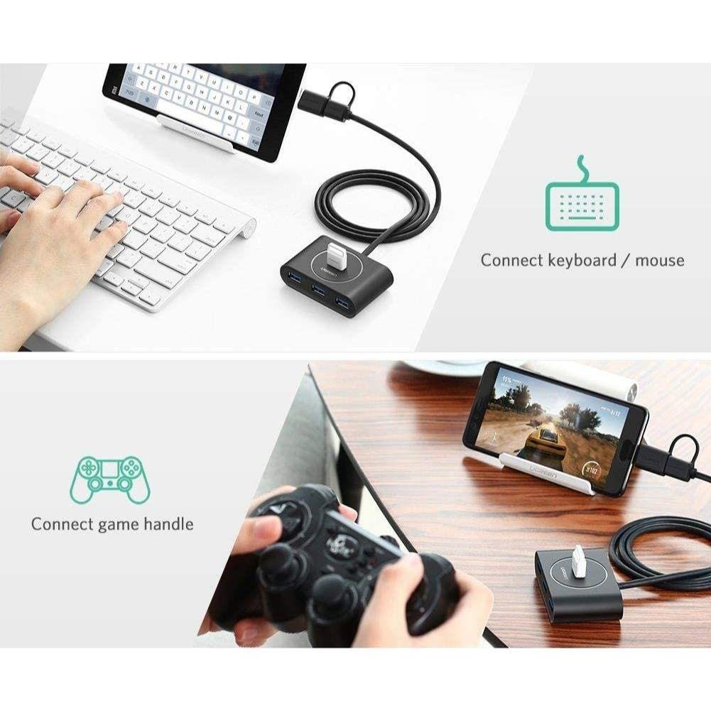 UGREEN USB 3.0 Hub with USB-C Port 1m (Black) (4 IN1) 4-Port USB 3.0 Data Splitter Extension Hub with Micro-USB/USB-C Power Port for PC, Laptop, Mac & Smart TV