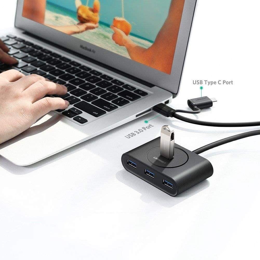 UGREEN USB 3.0 Hub with USB-C Port 1m (Black) (4 IN1) 4-Port USB 3.0 Data Splitter Extension Hub with Micro-USB/USB-C Power Port for PC, Laptop, Mac & Smart TV