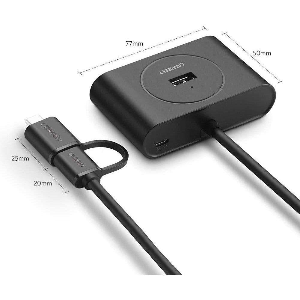 UGREEN USB 3.0 Hub with USB-C Port 1m (Black) (4 IN1) 4-Port USB 3.0 Data Splitter Extension Hub with Micro-USB/USB-C Power Port for PC, Laptop, Mac & Smart TV