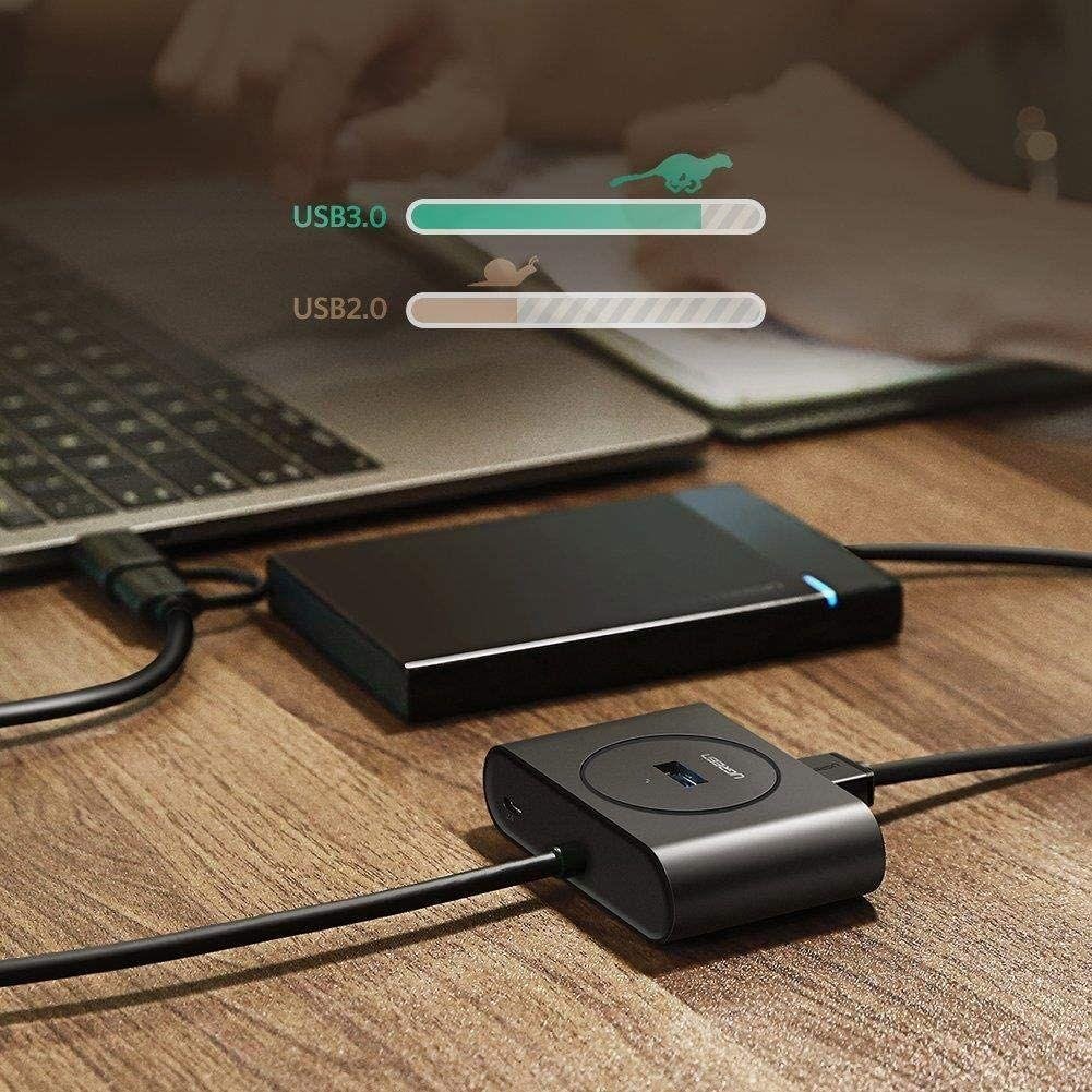 UGREEN USB 3.0 Hub with USB-C Port 1m (Black) (4 IN1) 4-Port USB 3.0 Data Splitter Extension Hub with Micro-USB/USB-C Power Port for PC, Laptop, Mac & Smart TV