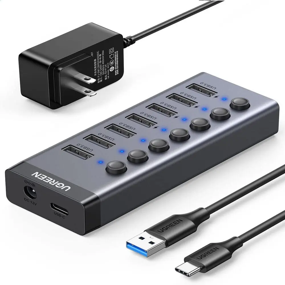 UGREEN USB-C to 7-Port USB-A 3.0 Powered Data Hub with DC 12V/2A EU Power Adapter, Individual On/Off Switches, BC 1.2 Fa