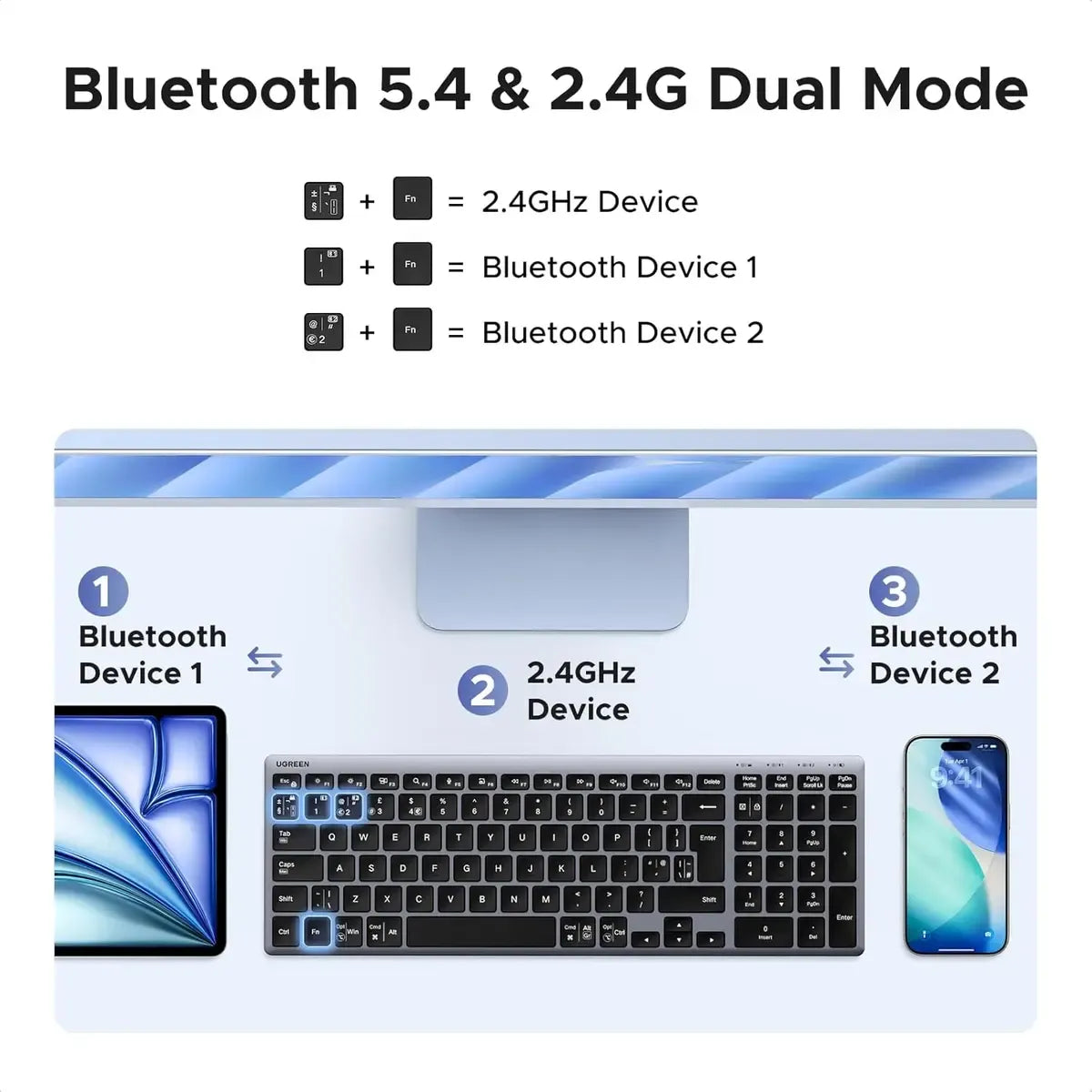 Keyboard UGREEN K552, Wireless, Bluetooth, USB, Grey Dual-Mode Multi-Device Mechanical Keyboard
