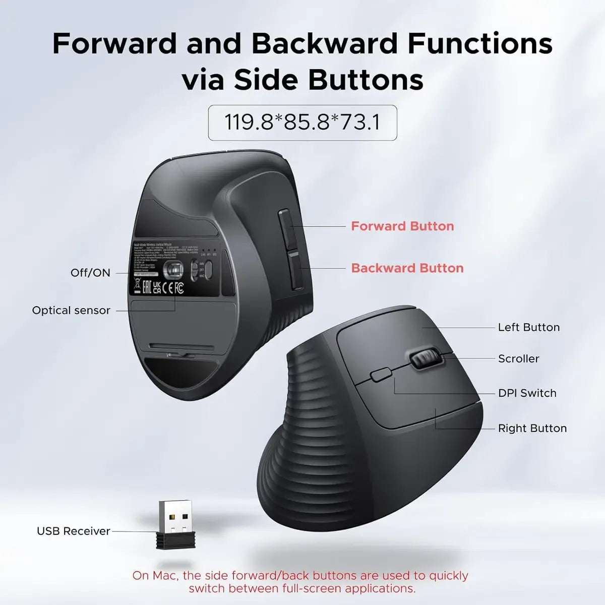 UGREEN Ergonomic Mouse, Wireless Bluetooth Vertical Mouse, Dual-Mode (BT 5.4 & USB 2.4G), Quiet Clicks, 4 Adjustable DPI (1000/1600/2000/4000), Compatible