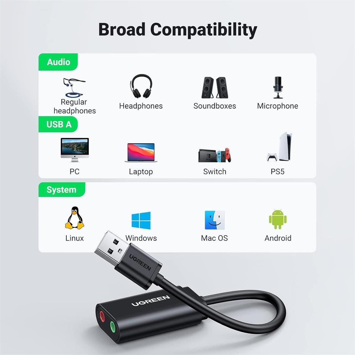 UGREEN USB-A To 3.5mm External Stereo Sound Adaptor Black 15CM Audio Converter with Headphone and Microphone Jacks