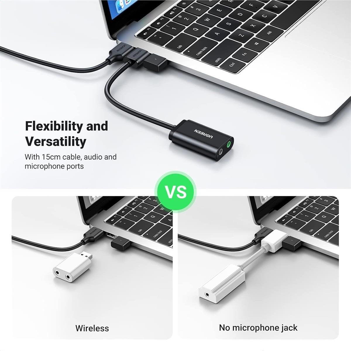 UGREEN USB-A To 3.5mm External Stereo Sound Adaptor Black 15CM Audio Converter with Headphone and Microphone Jacks