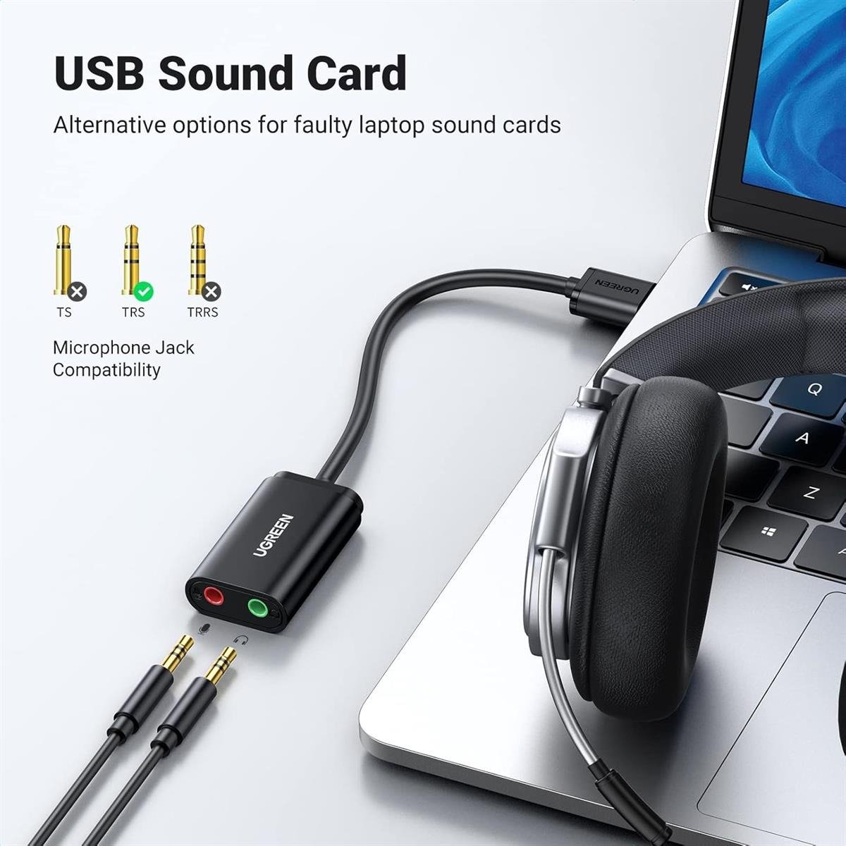 UGREEN USB-A To 3.5mm External Stereo Sound Adaptor Black 15CM Audio Converter with Headphone and Microphone Jacks