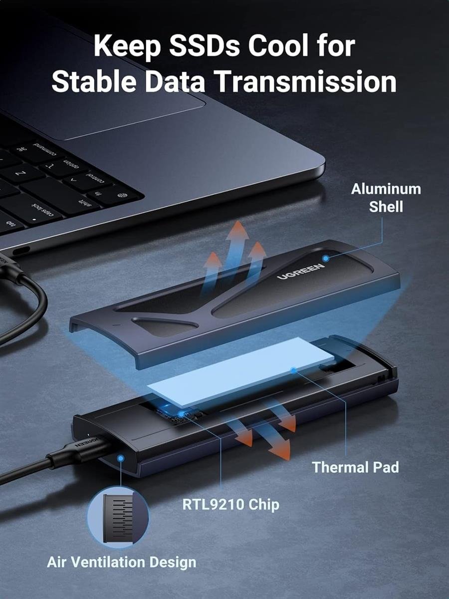 Ugreen M.2 NVMe SSD Enclosure, Tool-Free NVMe Enclosure, 10Gbps NVMe to USB Adapter with USB 3.2 Gen2, Aluminum M2 SSD Enclosure Supports M and B&M Keys and Size in 2230/2242 /2260/2280 SSDs