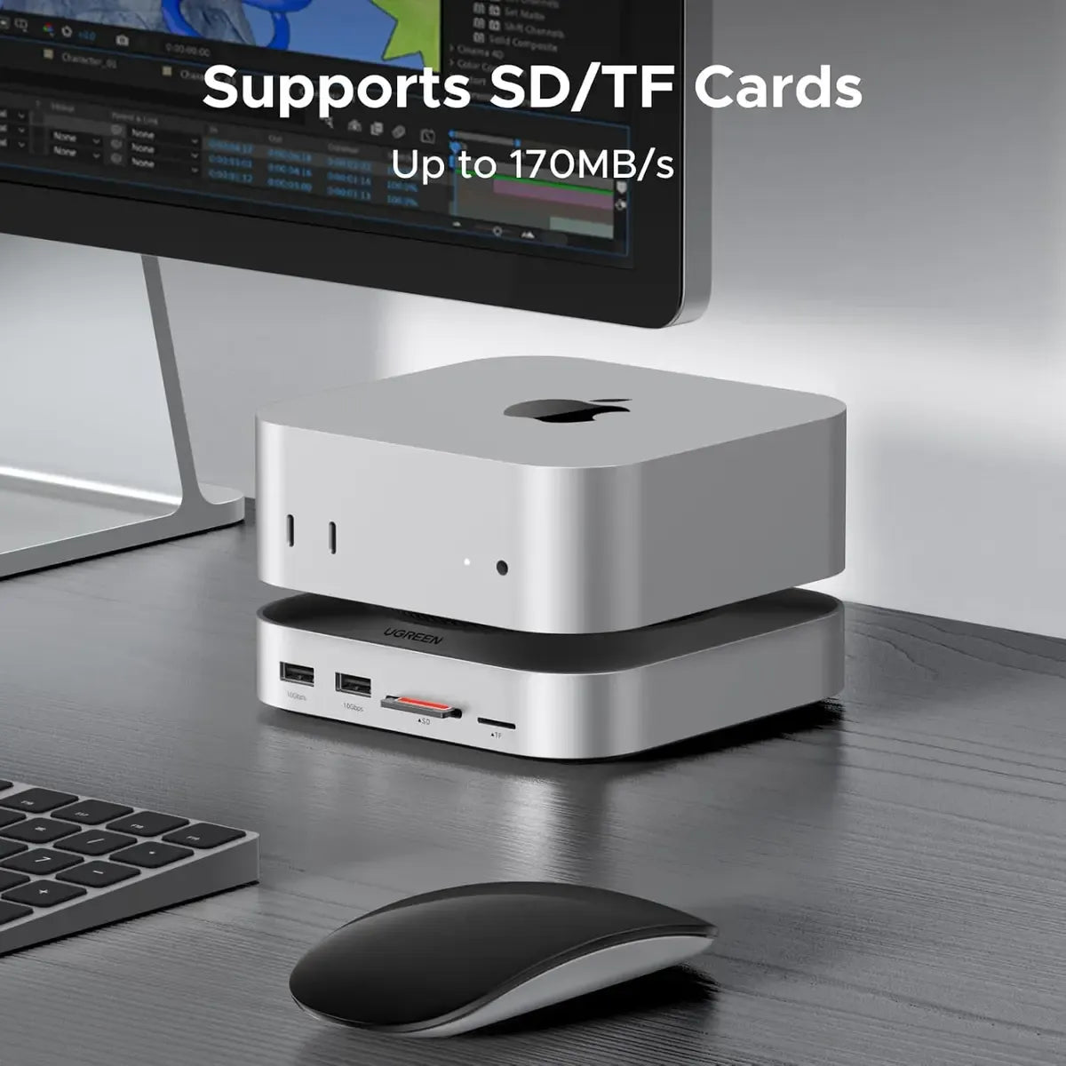 Ugreen 65487 Mac Mini M4 Dock & Stand with Built-in NVMe/SATA M.2 SSD Enclosure, 10Gbps USB-C & USB-A Ports, SD/TF Card Reader & 3.5mm Audio Output for Apple Mac Mini M4 / M4 Pro