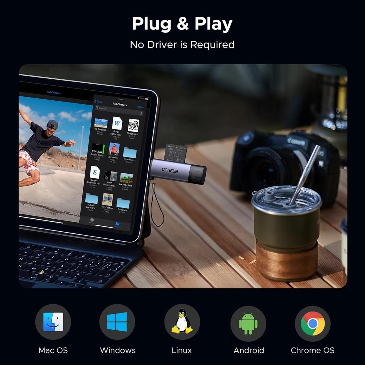 UGREEN 2-in-1 USB-C and USB 3.0 Dual SD & MicroSD (TF) Card Reader (Space Gray / Black)