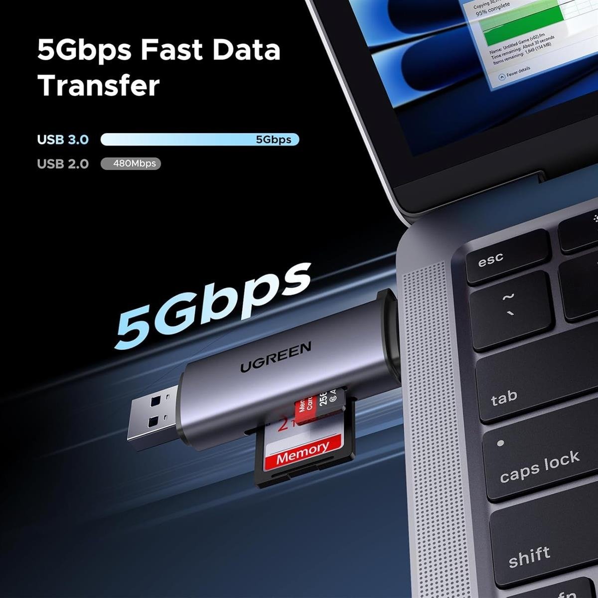 UGREEN 2-in-1 USB-C and USB 3.0 Dual SD & MicroSD (TF) Card Reader (Space Gray / Black)