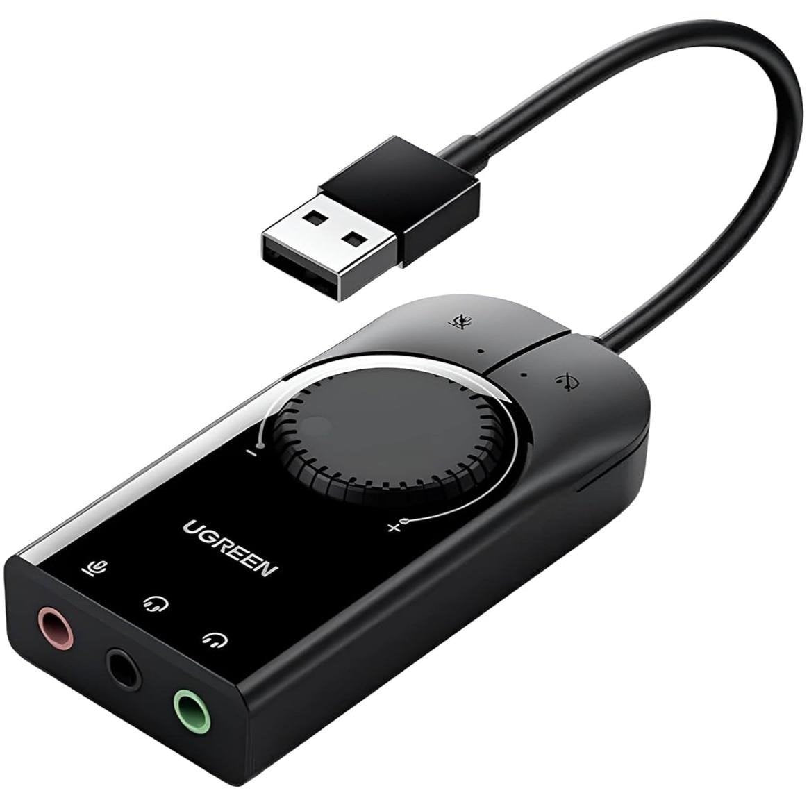 UGREEN USB External Stereo Sound Adapter 15cm (Black) USB to 3.5mm Audio Headphone and Microphone Jack Converter