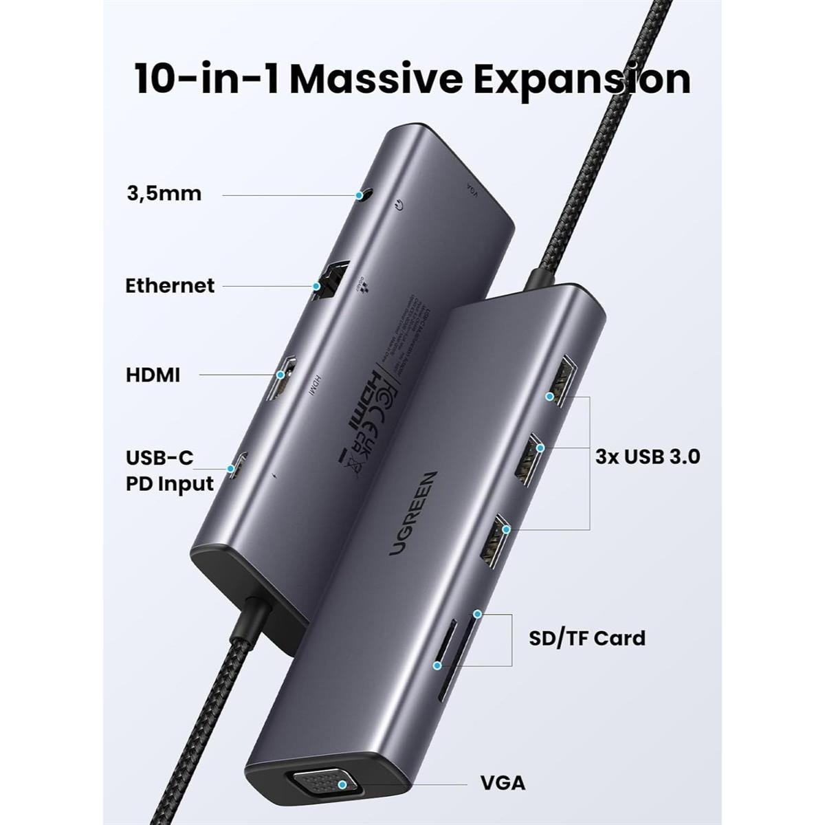 UGREEN USB-C Multifunction Adapter (10-in-1) Type-C Docking Station Hub with 4K HDMI, 1080P VGA, 1000Mbps Gigabit RJ45 Ethernet, 100W Power Delivery, 3.5mm AUX Audio, SD/MicroSD Card Reader & 3-Port USB 3.0 SuperSpeed Data Hub for MacBook, XPS & Laptops