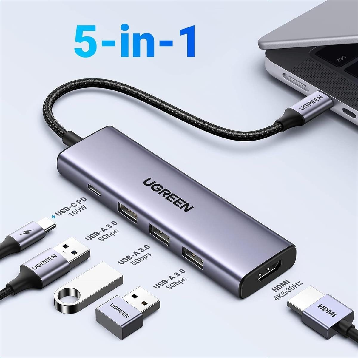 UGREEN USB-C Multifunction Adapter (5-in-1) Type-C Hub with 4K HDMI Output, 100W Power Delivery Charging & 3-Port USB 3.0 SuperSpeed Data Hub for MacBook, XPS, iPad Pro & Laptops