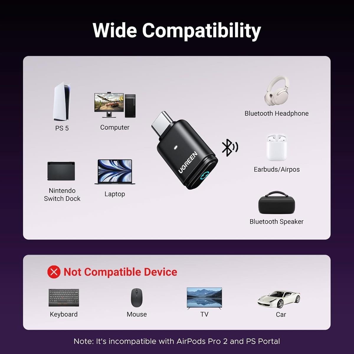 USB-C Bluetooth 5.3 Audio Transmitter Adapter with aptX Low Latency for Nintendo Switch, PS5, PS4 & PC