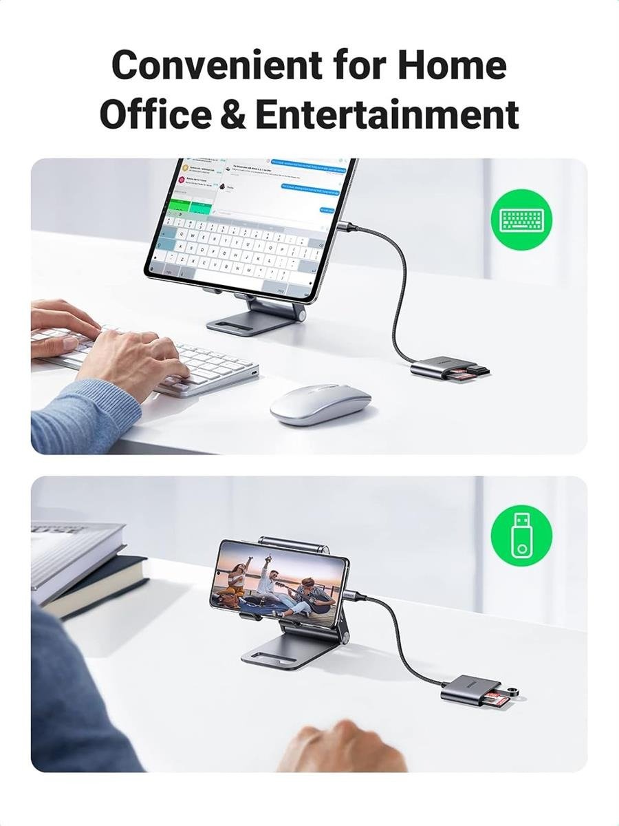 UGREEN USB Type-C to SD & MicroSD (TF) Dual Card Reader with Built-in USB 2.0 Pass-Through Port (Space Gray )