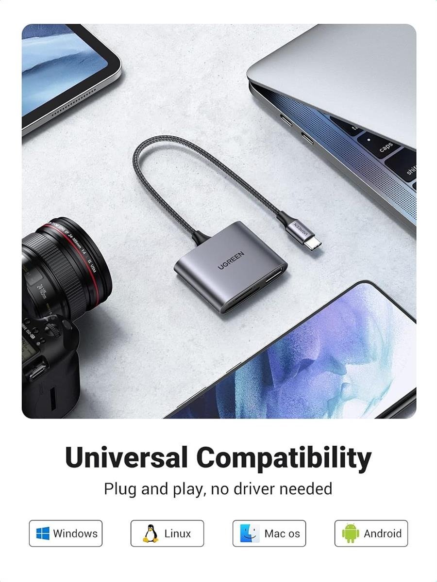 UGREEN USB Type-C to SD & MicroSD (TF) Dual Card Reader with Built-in USB 2.0 Pass-Through Port (Space Gray )