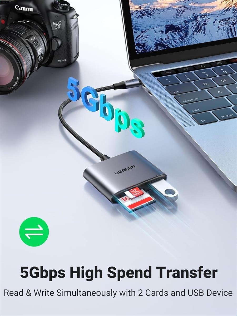 UGREEN USB Type-C to SD & MicroSD (TF) Dual Card Reader with Built-in USB 2.0 Pass-Through Port (Space Gray )