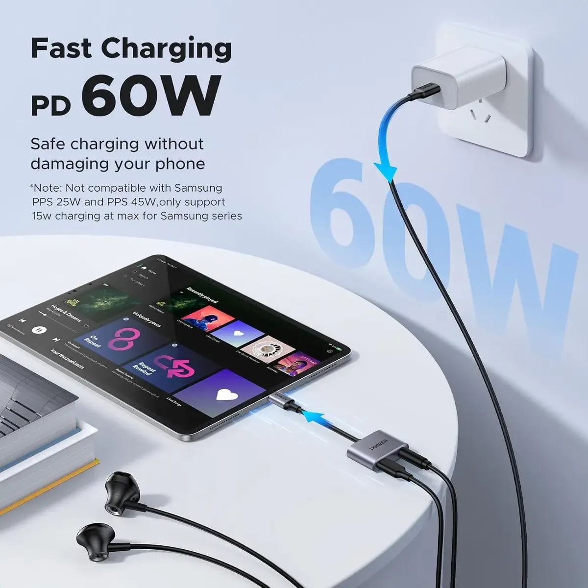 UGREEN USB - C TO 3.5mm AUDIO ADAPTER WITH PD 60W Fast Charging 2-in-1 Type-C to Aux Headphone Jack Converter