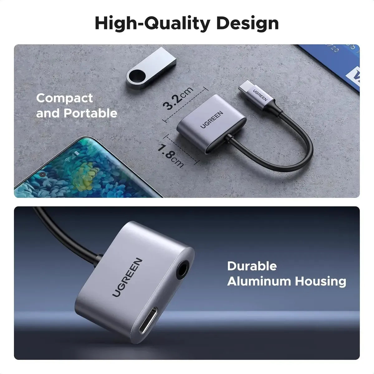UGREEN USB - C TO 3.5mm AUDIO ADAPTER WITH PD 60W Fast Charging 2-in-1 Type-C to Aux Headphone Jack Converter