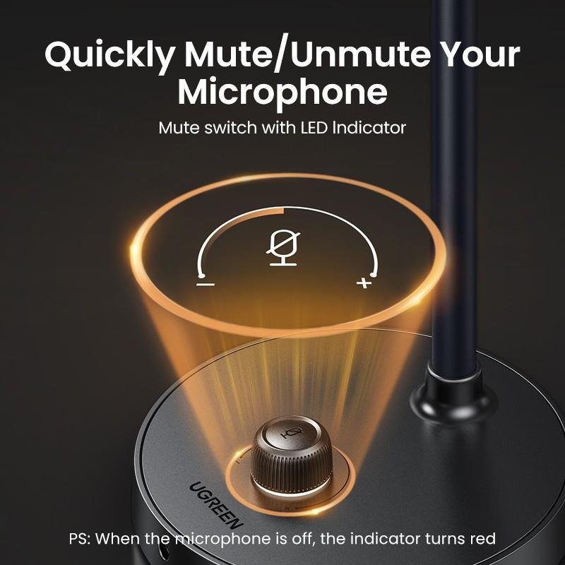 UGREEN Desktop USB Microphone 360° Omnidirectional Condenser PC Microphone with One-Touch Mute & Adjustable Stand (Black)