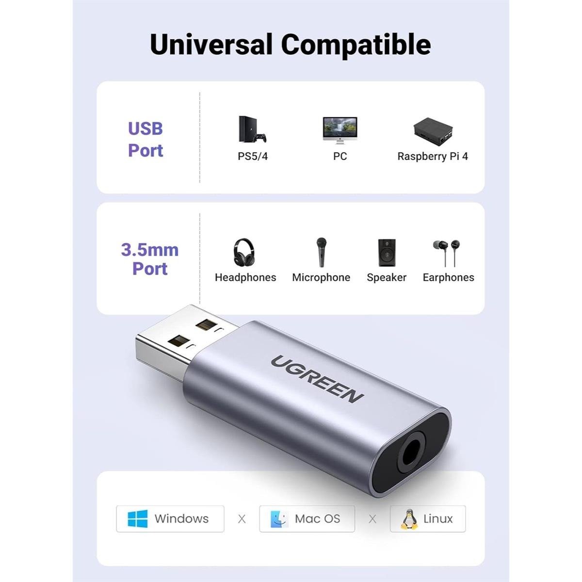 UGREEN USB-A To 3.5mm External Stereo Sound Adapter Gray 2-in-1 USB to 3.5mm Aux Headphone and Microphone Audio Jack Converter (Aluminum)