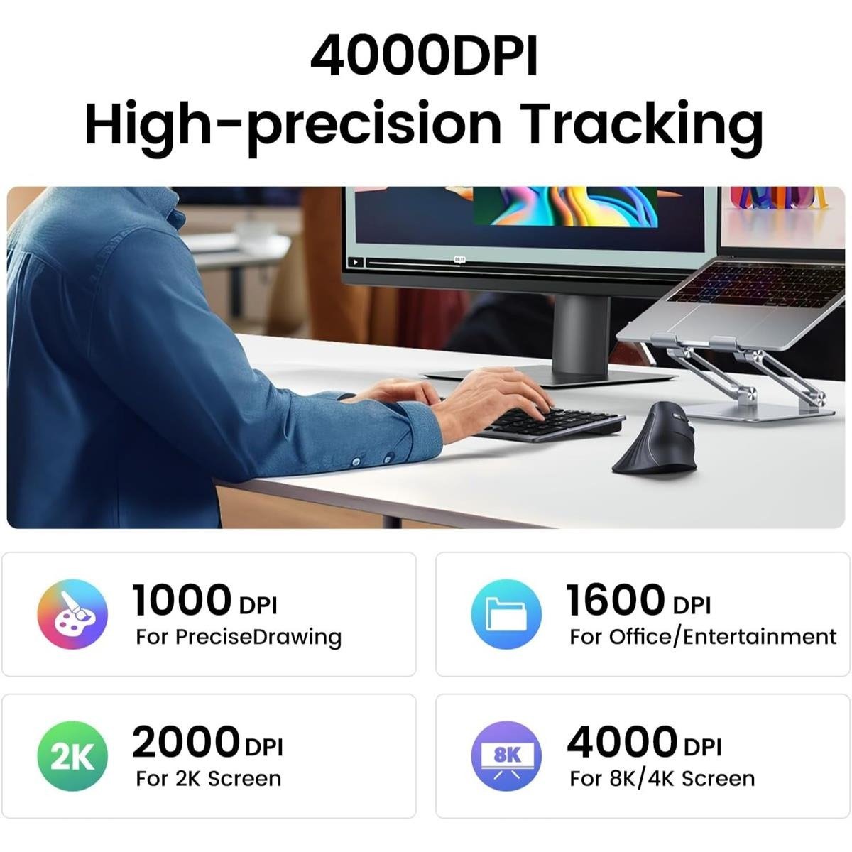 UGREEN Multi-mode Vertical Mouse Dual-Mode (Bluetooth 5.4 / 2.4GHz) Ergonomic Silent Wireless Mouse with 4000 DPI