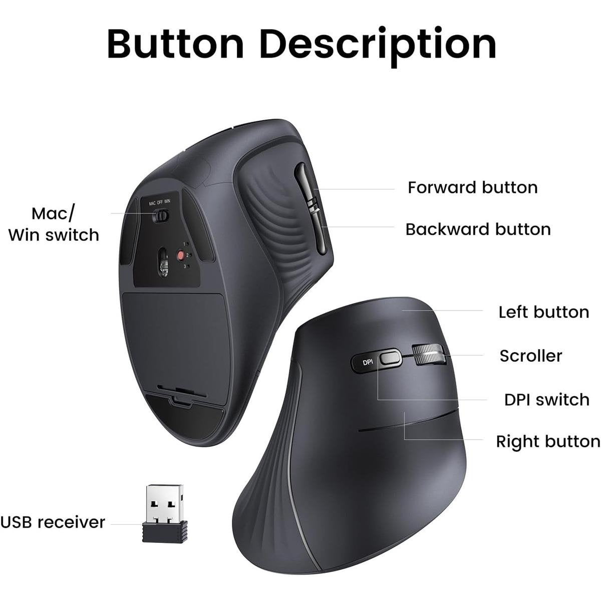 UGREEN Multi-mode Vertical Mouse Dual-Mode (Bluetooth 5.4 / 2.4GHz) Ergonomic Silent Wireless Mouse with 4000 DPI