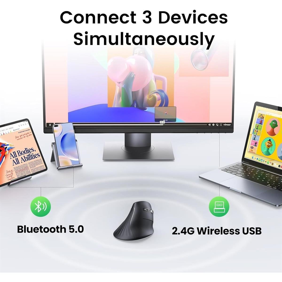 UGREEN Multi-mode Vertical Mouse Dual-Mode (Bluetooth 5.4 / 2.4GHz) Ergonomic Silent Wireless Mouse with 4000 DPI
