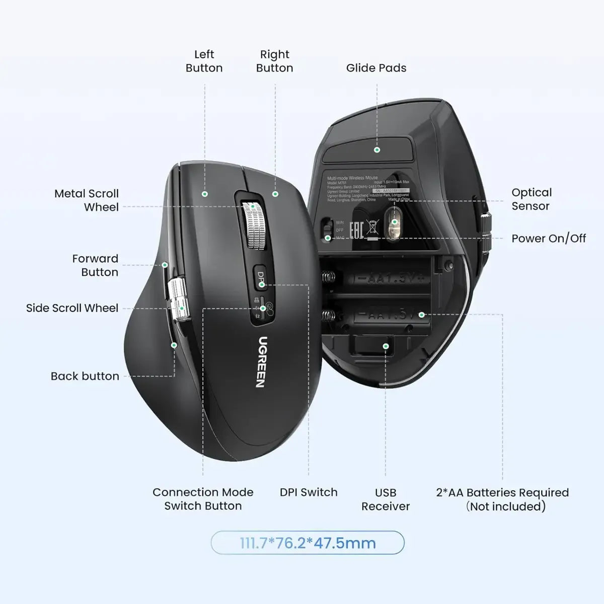 UGREEN MULTI MODE WIRELESS MOUSE (Bluetooth 5.0 & 2.4GHz) Dual-Connection Silent Optical Mouse with 4000 DPI