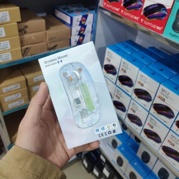 Buy the trendy Transparent Wireless + Bluetooth Mouse. Features 2.4GHz & Dual Bluetooth 5.1, RGB lighting, and Type-C recharging. Compatible with Mac, Windows, and iPad