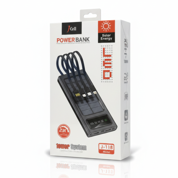 J Cell J-118 10,000mAh Solar Power Bank – High-Speed Portable Charger with Digital Display
