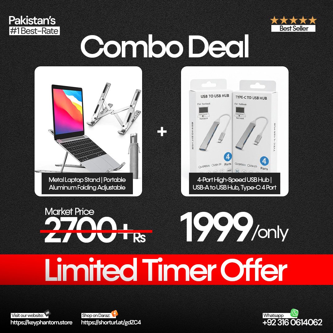 Combo Deal – Adjustable Metal Laptop Stand + 4-Port High-Speed USB Hub