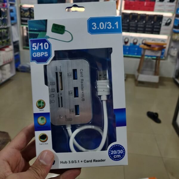 High-speed 4-port USB 3.0/3.1 hub with integrated SD/TF/MS/M2 card reader. Supports OTG for mobile, 10Gbps transfer rates, and 30cm cable for PC & Laptop.