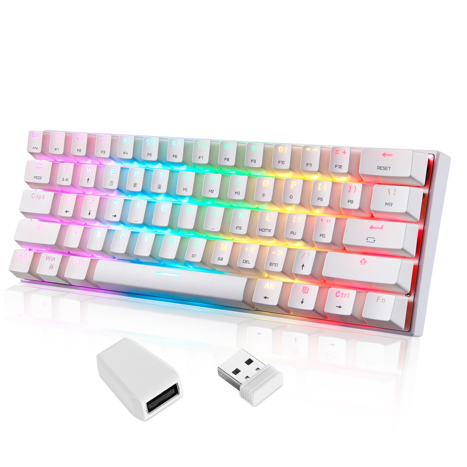 Motospeed SK62 RGB Mechanical Gaming Keyboard – 60% Compact 61-Key Layout, Quiet Red Switches, Bluetooth 5.0/2.4G/Wired for PC & Mobile | White