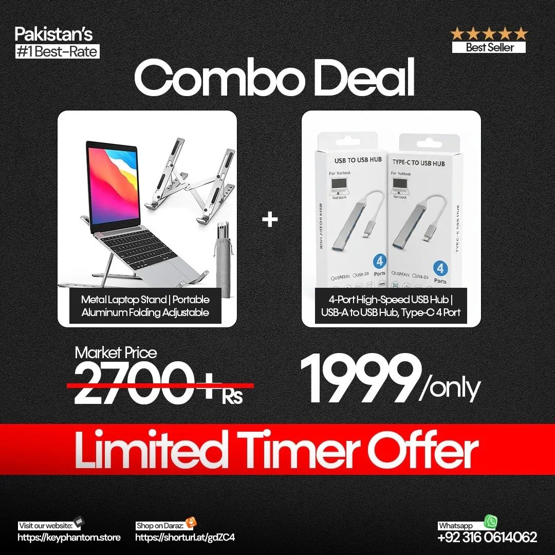 Combo Deal โ Adjustable Metal Laptop Stand + 4-Port High-Speed USB Hub