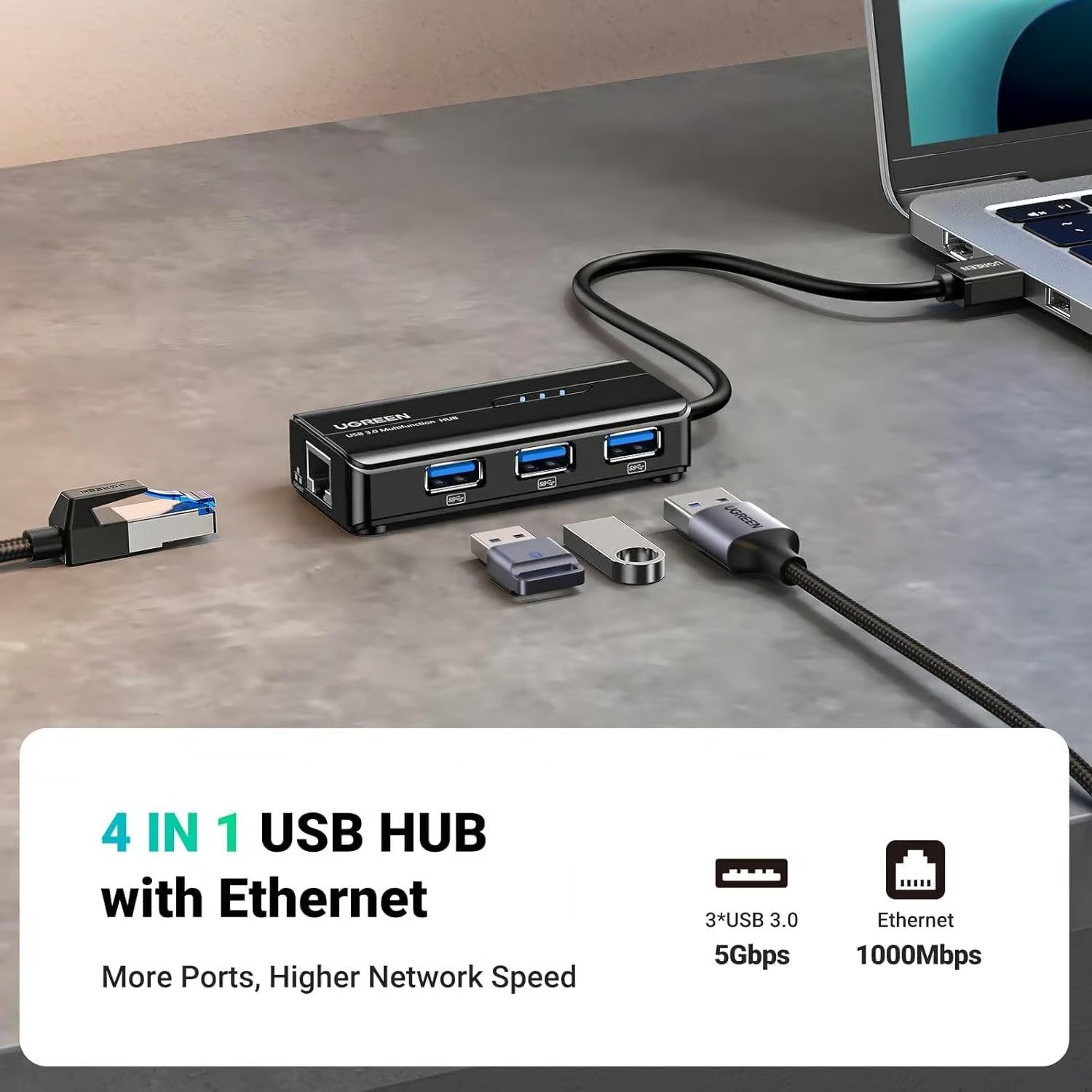 UGREEN USB 3.0 HUB WITH GIGABYTE ETHERNET ADAPTER