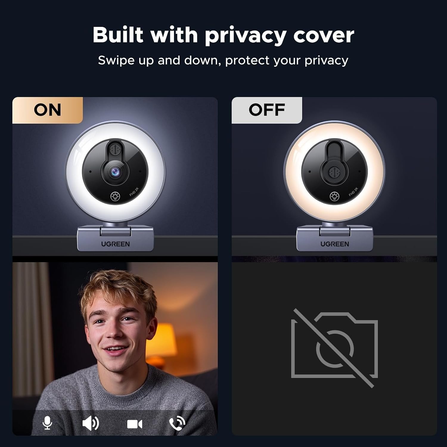 UGREEN 65857 2K USB Webcam with Ring Light