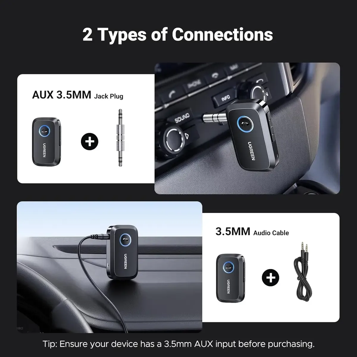 UGREEN 3.5mm Aux Bluetooth 5.3 Audio Transfer Adapter for Vehicle