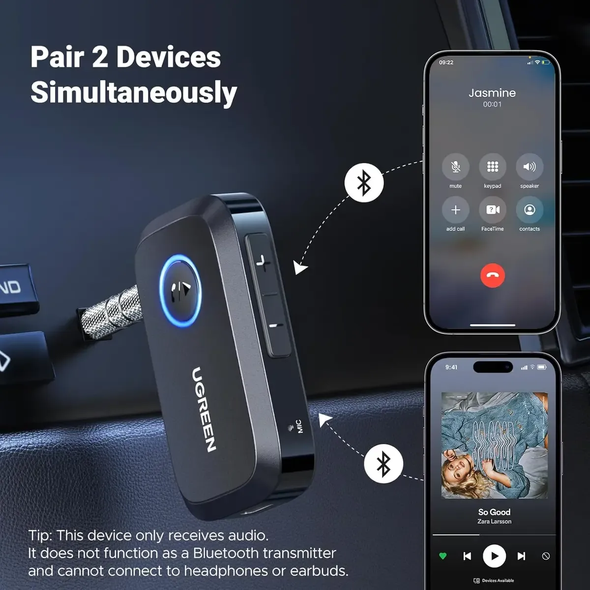 UGREEN 3.5mm Aux Bluetooth 5.3 Audio Transfer Adapter for Vehicle