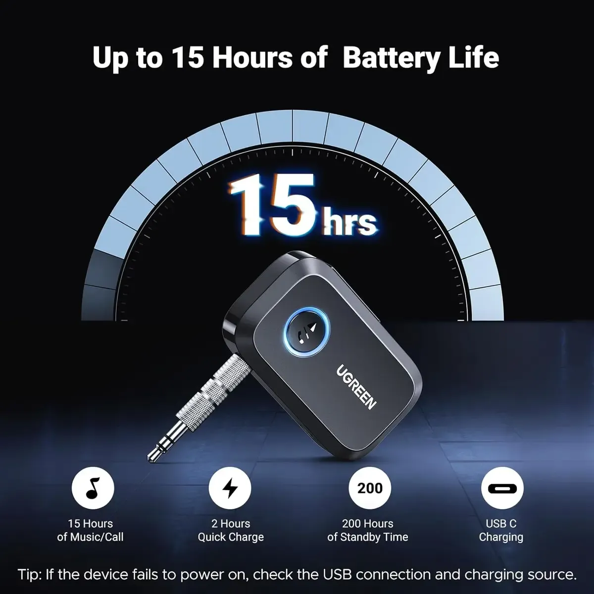 UGREEN 3.5mm Aux Bluetooth 5.3 Audio Transfer Adapter for Vehicle