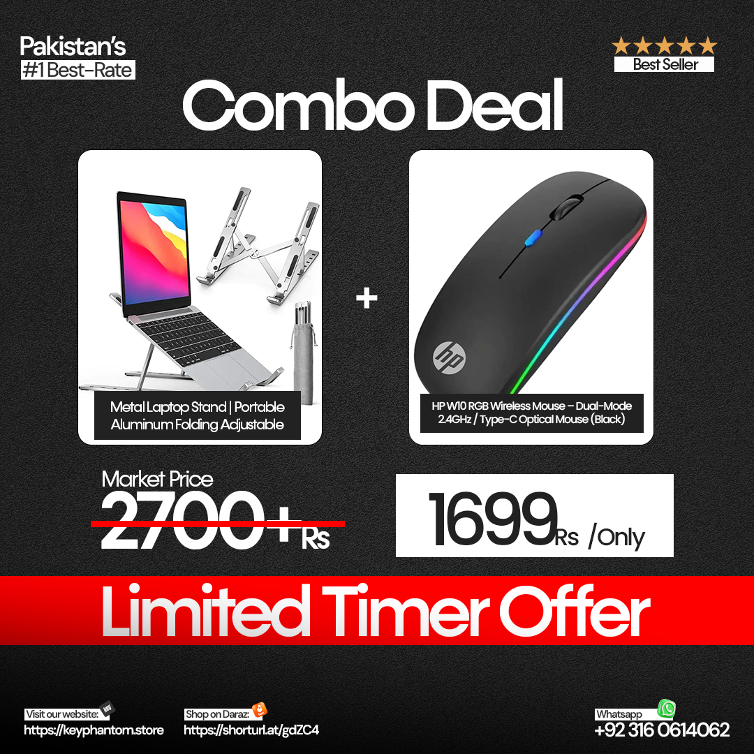 Metal Laptop Stand and HP W10 RGB Wireless Mouse Combo