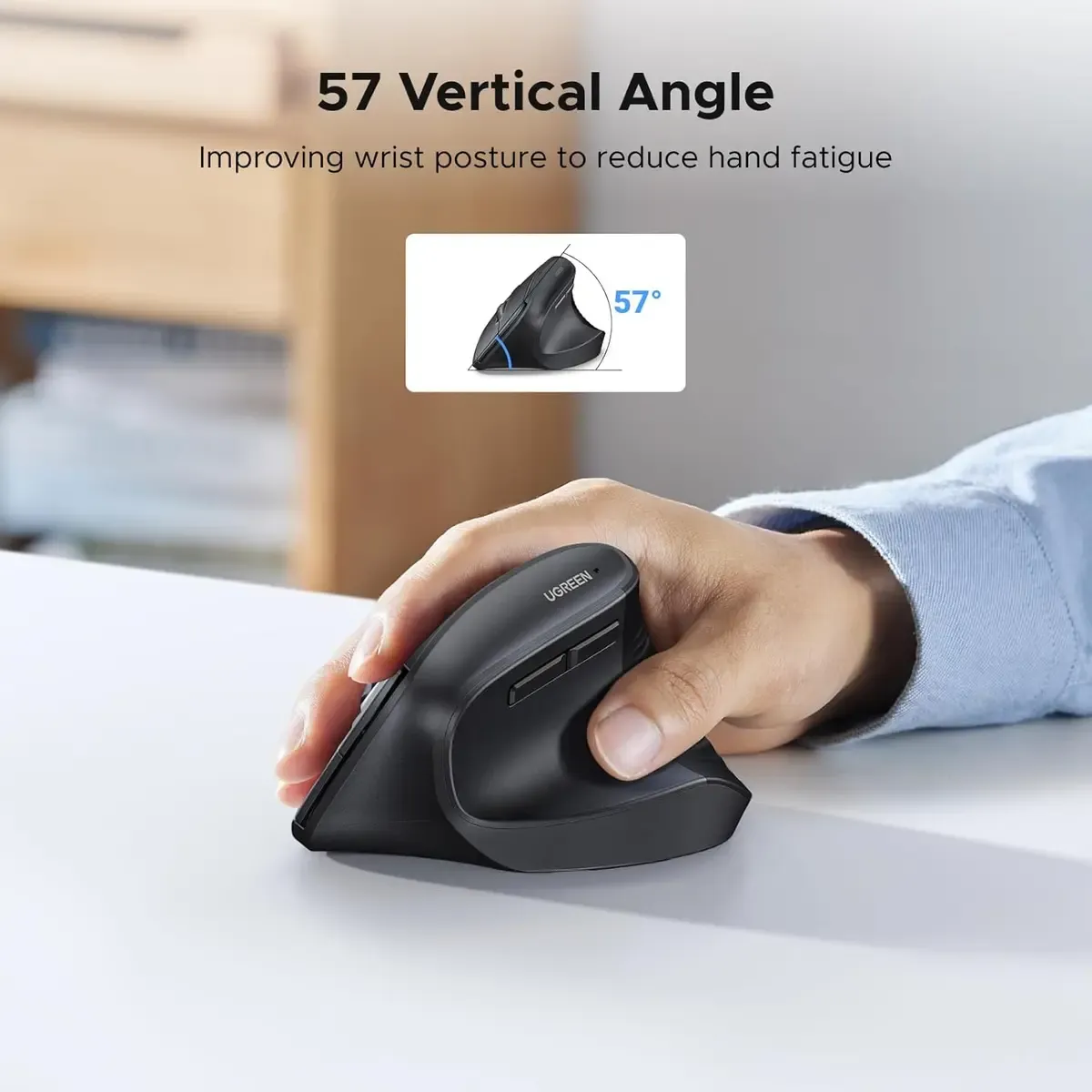 UGREEN Ergonomic Mouse, Wireless Bluetooth Vertical Mouse, Dual-Mode (BT 5.4 & USB 2.4G), Quiet Clicks, 4 Adjustable DPI (1000/1600/2000/4000), Compatible: Healthier Wrist Posture & Dual ConnectivityThe UGREEN Ergonomic Mouse, Wireless Bluetooth Vertical Mouse, Dual-Mode (BT 5.4 & USB 2.4G), Quiet Clicks, 4 Adjustable DPI (1000/1600/2000/4000), Compatible provides an immediate ergonomic upgrade for users experiencing wrist discomfort from flat traditional mice. Distributed by Keyphantom, this vertical mouse combines orthopedic health benefits with high-performance wireless technology.57° Orthopedic Vertical Tilt & Quiet Micro-SwitchesBy elevating your hand into a 57° vertical posture, this mouse prevents the unnatural pronation of the forearm, taking pressure off the median nerve. Integrated soft-dampened micro-switches reduce clicking sound to a subtle whisper while maintaining tactile click responsiveness.Bluetooth 5.4 Dual Pairing & Multi-Surface TrackingEquipped with cutting-edge Bluetooth 5.4 and a 2.4GHz RF wireless chip, the mouse links seamlessly to laptops, desktop PCs, and tablets. Its optical sensor glides smoothly over various surfaces—including wood, leather desk pads, and laminate tables—without cursor jitter.Technical Summary TableFeatureSpecificationModel NameUGREEN Ergonomic Mouse, Wireless Bluetooth Vertical Mouse, Dual-Mode (BT 5.4 & USB 2.4G), Quiet Clicks, 4 Adjustable DPI (1000/1600/2000/4000), CompatiblePart Number / SKU35183 / MU108 SeriesBrandKeyphantom (UGREEN)Ergonomic ProfileRight-Handed Vertical Handshake Design (57-Degree Slope)Wireless ConnectivityDual-Mode: Bluetooth 5.4 + 2.4 GHz RF (USB Type-A Dongle Included)Wireless RangeUp to 10 Meters / 33 FeetSensor Type & DPI LevelsHigh-Precision Optical Engine (1000 / 1600 / 2000 / 4000 DPI)Button Count6 Functional Buttons (Left, Right, Scroll Wheel, DPI Switch, Forward, Back)Noise LevelSilent Click Dampening (approx. 90% Noise Reduction)Power Supply1x AA Battery (Not Included)OS CompatibilityWindows 11 / 10 / 8, macOS, iPadOS, Android, Chrome OS, LinuxHardware CompatibilityLaptops, MacBooks, iPad Pro/Air, Desktop PCs, Tablets, Workstations