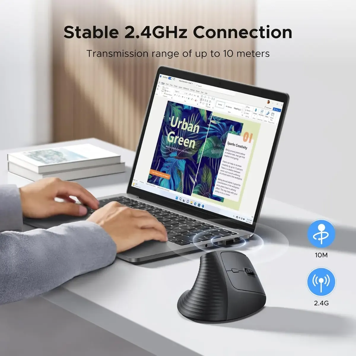 UGREEN Ergonomic Mouse, Wireless Bluetooth Vertical Mouse, Dual-Mode (BT 5.4 & USB 2.4G), Quiet Clicks, 4 Adjustable DPI (1000/1600/2000/4000), Compatible: Healthier Wrist Posture & Dual ConnectivityThe UGREEN Ergonomic Mouse, Wireless Bluetooth Vertical Mouse, Dual-Mode (BT 5.4 & USB 2.4G), Quiet Clicks, 4 Adjustable DPI (1000/1600/2000/4000), Compatible provides an immediate ergonomic upgrade for users experiencing wrist discomfort from flat traditional mice. Distributed by Keyphantom, this vertical mouse combines orthopedic health benefits with high-performance wireless technology.57° Orthopedic Vertical Tilt & Quiet Micro-SwitchesBy elevating your hand into a 57° vertical posture, this mouse prevents the unnatural pronation of the forearm, taking pressure off the median nerve. Integrated soft-dampened micro-switches reduce clicking sound to a subtle whisper while maintaining tactile click responsiveness.Bluetooth 5.4 Dual Pairing & Multi-Surface TrackingEquipped with cutting-edge Bluetooth 5.4 and a 2.4GHz RF wireless chip, the mouse links seamlessly to laptops, desktop PCs, and tablets. Its optical sensor glides smoothly over various surfaces—including wood, leather desk pads, and laminate tables—without cursor jitter.Technical Summary TableFeatureSpecificationModel NameUGREEN Ergonomic Mouse, Wireless Bluetooth Vertical Mouse, Dual-Mode (BT 5.4 & USB 2.4G), Quiet Clicks, 4 Adjustable DPI (1000/1600/2000/4000), CompatiblePart Number / SKU35183 / MU108 SeriesBrandKeyphantom (UGREEN)Ergonomic ProfileRight-Handed Vertical Handshake Design (57-Degree Slope)Wireless ConnectivityDual-Mode: Bluetooth 5.4 + 2.4 GHz RF (USB Type-A Dongle Included)Wireless RangeUp to 10 Meters / 33 FeetSensor Type & DPI LevelsHigh-Precision Optical Engine (1000 / 1600 / 2000 / 4000 DPI)Button Count6 Functional Buttons (Left, Right, Scroll Wheel, DPI Switch, Forward, Back)Noise LevelSilent Click Dampening (approx. 90% Noise Reduction)Power Supply1x AA Battery (Not Included)OS CompatibilityWindows 11 / 10 / 8, macOS, iPadOS, Android, Chrome OS, LinuxHardware CompatibilityLaptops, MacBooks, iPad Pro/Air, Desktop PCs, Tablets, Workstations