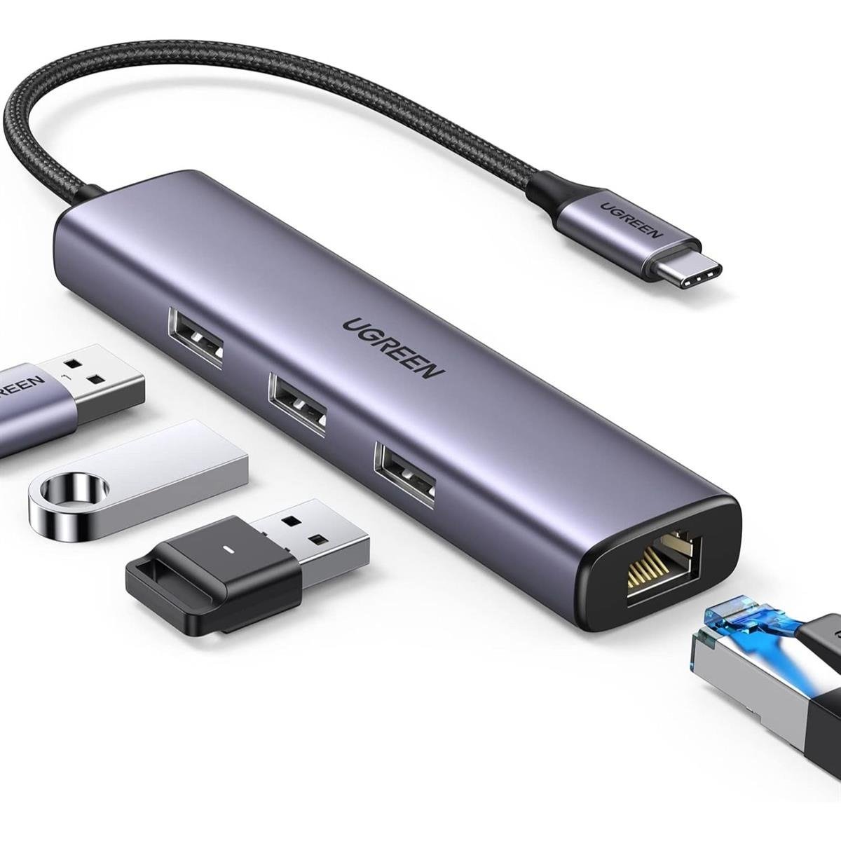 UGREEN USB3.0 to 3รUSB3.0 +RJ45 (1000M) Ethernet Adapter Type-C Power Supply (4 IN1)