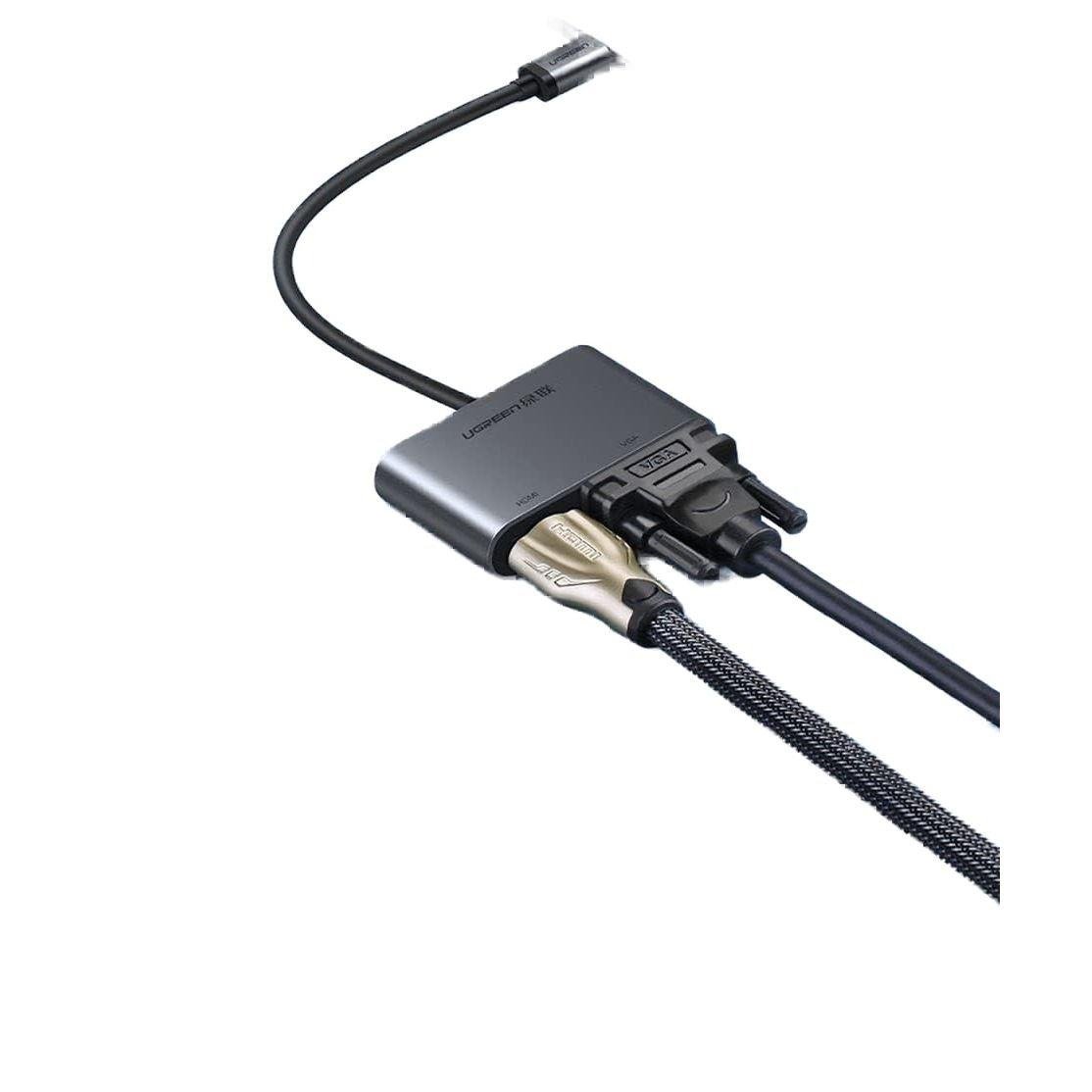 The UGREEN USB-C To HDMI+VGA+USB 3.0 Converter Gray with PD is a versatile 4-in-1 desktop hub designed to turn a single Thunderbolt or USB-C port into a full workstation station. Featuring 4K@30Hz HDMI output, 1080P@60Hz VGA display support, a 5Gbps high-speed USB 3.0 data port, and a dedicated 100W USB-C Power Delivery (PD) pass-through charging port, this compact adapter covers all display and expansion needs. Housed in a space gray aluminum alloy casing, it provides active thermal management, driver-free setup, and universal compatibility across USB-C laptops, tablets, and smartphones supporting DP Alt Mode. UGREEN USB-C Converter Performance: 4-in-1 expansion bridging modern USB-C laptops to HDMI monitors, legacy VGA projectors, USB peripherals, and high-speed chargers. Dual Display Output Options: Supports crystal-clear 4K@30Hz HDMI digital output and Full HD 1080P@60Hz analog VGA display output. 100W USB-C Power Delivery: Fast pass-through charging port powers power-hungry laptops like MacBook Pro and Dell XPS while operating attached accessories. 5Gbps USB 3.0 SuperSpeed Transmission: Connects USB flash drives, hard drives, mice, and keyboards with data transfer speeds up to 5Gbps. Premium Space Gray Aluminum Finish: Matches modern laptop aesthetics while offering enhanced EMI shielding and active heat dissipation.